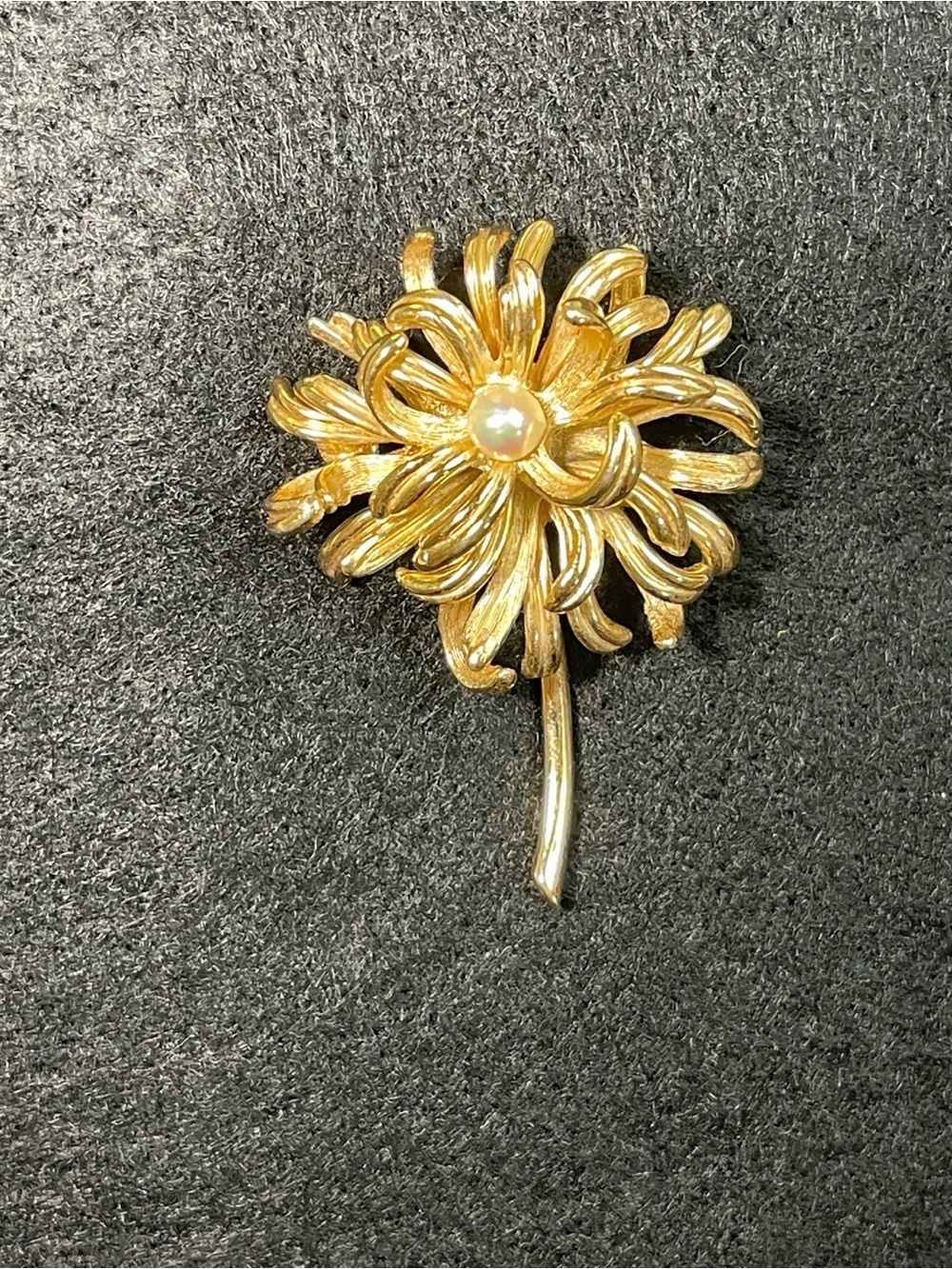 Vintage Signed Boucher Gold Chrysanthemum Brooch with Pearlescent Center. 1962
